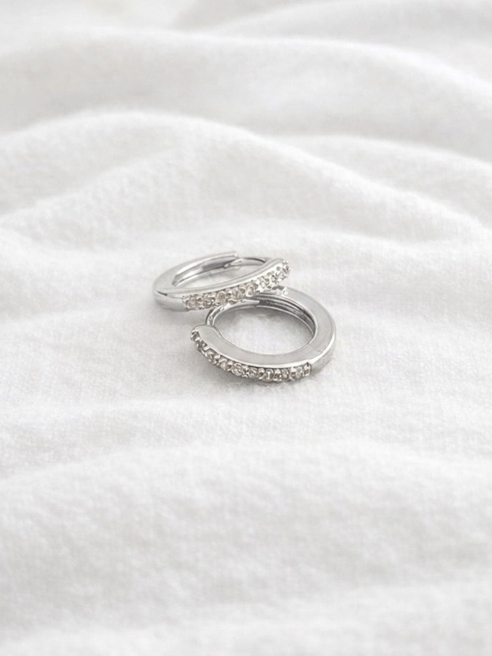 Silver plated stainless steel cubic zirconia Huggies hoop earrings - Picture 2 of 5